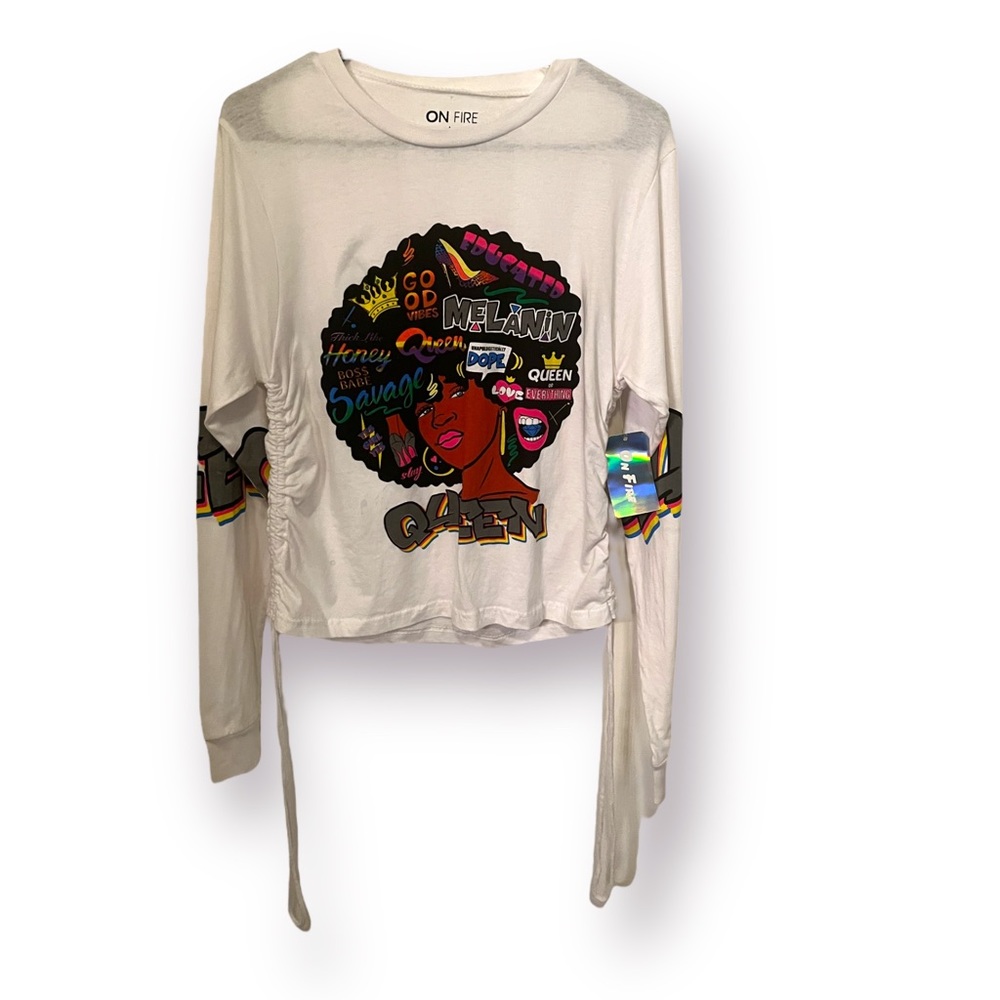 On Fire Melanin Queen Good Vibes Junior White Long Sleeve Half Shirt Size Large